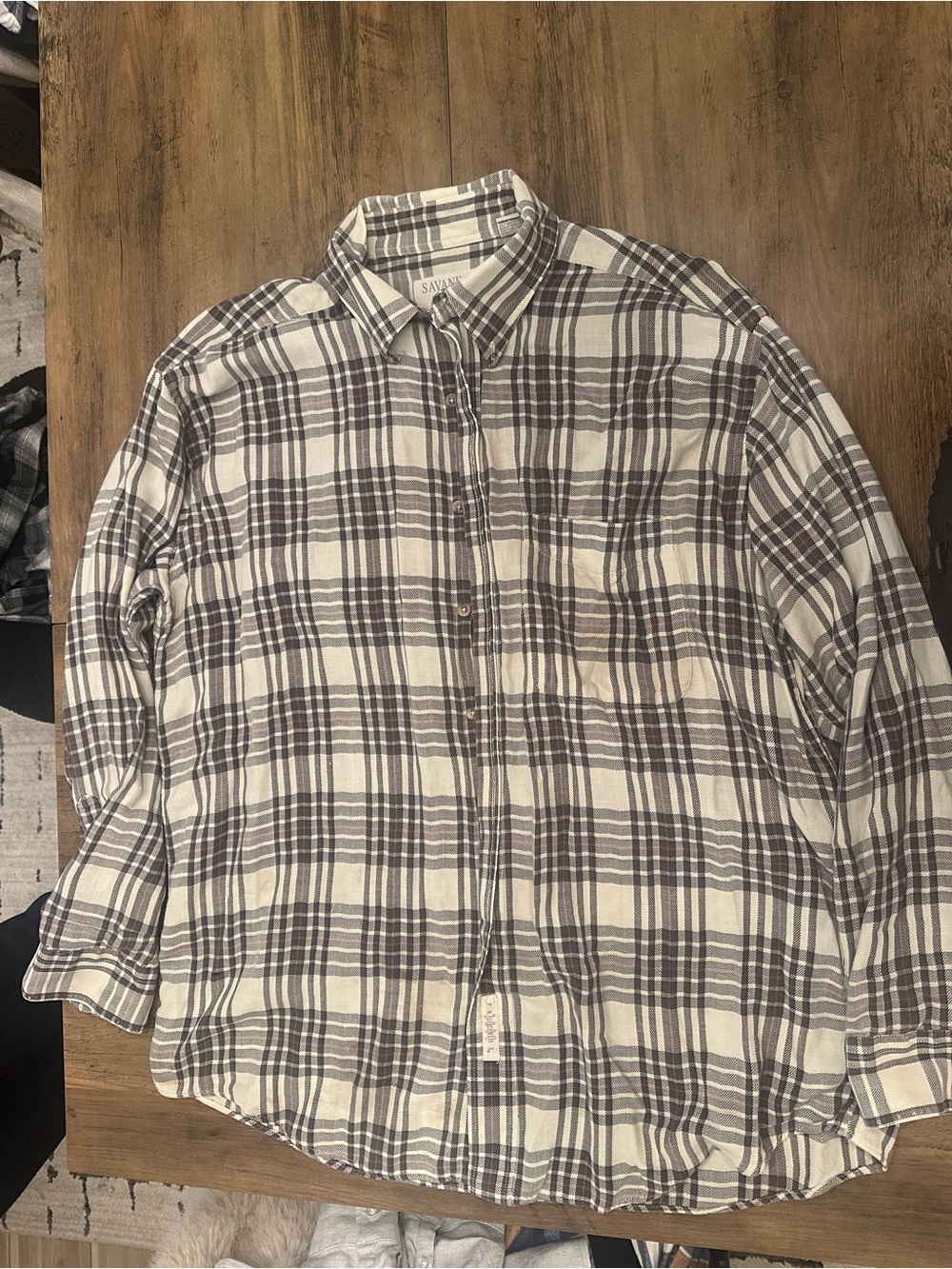 Savane Plaid Oversized Button-Down Shirt in Cream and Brown